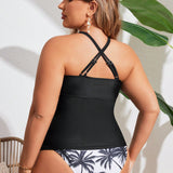Swim Vcay Conjunto Tankini de verano para mujeres de talla grande para playa, vacaciones en la  con parte superior solida y estampado de arbol de palma en la Bottom