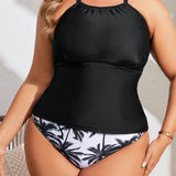 Swim Vcay Conjunto Tankini de verano para mujeres de talla grande para playa, vacaciones en la  con parte superior solida y estampado de arbol de palma en la Bottom