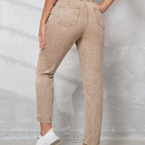 Tall Pantalones Jeans casuales para mujer con cintura elastica, detalle plisado y piernas conicas en color caqui