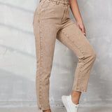 Tall Pantalones Jeans casuales para mujer con cintura elastica, detalle plisado y piernas conicas en color caqui