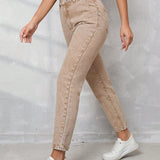 Tall Pantalones Jeans casuales para mujer con cintura elastica, detalle plisado y piernas conicas en color caqui