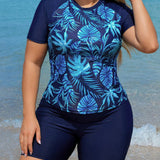 Swim SPRTY Conjunto de rashguard con estampado tropical y contrastes para mujeres de talla grande para vacaciones en la playa