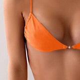 Swim Conjunto de bikini solido con adornos de perlas falsas en moda y sencillez de 2 piezas, traje de bano para verano y vacaciones en la playa