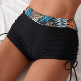 Swim Bottom del bikini de pierna cuadrada con cordon lateral y estampado de hojas para mujeres, perfecto para usar en la playa durante el verano