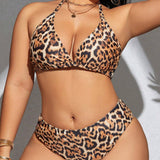 Swim Curve Conjunto De Bikini De Cuello Halter Estampado Con Leopardo De Talla Grande