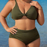 Swim Vcay Conjunto de dos piezas de traje de bano para la playa con sosten fruncido y bikini de talla grande de unicolor