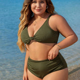 Swim Vcay Conjunto de dos piezas de traje de bano para la playa con sosten fruncido y bikini de talla grande de unicolor