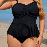 Swim Vcay Conjunto tankini plisado simple y solido en color para mujeres de talla grande para vacaciones, que incluyen camiseta sin mangas con tirantes tipo cami y pantie triangular, adecuado para la playa en verano.