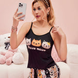 Conjunto de pijama para mujer impreso con letra y gato lindo