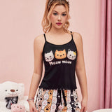 Conjunto de pijama para mujer impreso con letra y gato lindo