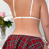 Classic Sexy Conjunto de lenceria de cuadros romanticos de talla grande (sujetador de encaje de unicolor + tanga de encaje + mini falda de cuadros)