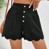 Frenchy Shorts Negros de mujer con botones decorativos dorados, cintura alta y dobladillo festoneado; Shorts de algodon 100% y lino, plisados y de moda para el verano