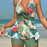 Swim Vcay Conjunto de traje de bano tipo tankini con estampado tropical, top halter y banador cuadrado para playa en verano