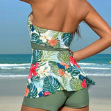 Swim Vcay Conjunto de traje de bano tipo tankini con estampado tropical, top halter y banador cuadrado para playa en verano