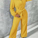 Slayr Elegante mono de camisa de mujer de color solido con botones delanteros, cinturon en la cintura y estilo para trabajar