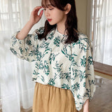 FRIFUL Camisa de mujer elegante de manga corta con estampado verde