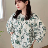 FRIFUL Camisa de mujer elegante de manga corta con estampado verde