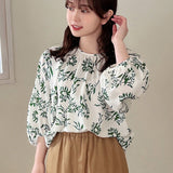 FRIFUL Camisa de mujer elegante de manga corta con estampado verde