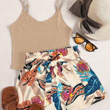 VCAY Conjunto de camisola simple de color solido y shorts con cinturon para mujeres para conjunto de vacaciones