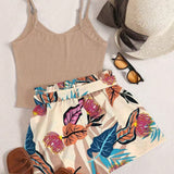 VCAY Conjunto de camisola simple de color solido y shorts con cinturon para mujeres para conjunto de vacaciones