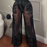 SXY Pantalones cargo sexys de pierna ancha y cintura con cordon semi-transparente