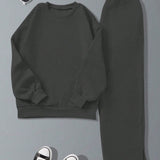 EZwear Conjunto de sudadera con cuello redondo y pantalones largos para mujer, de un solo color y manga larga
