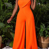 NEW  Slayr Mono de mujer naranja elegante con un hombro, doble tirante, detalle diagonal decorativo y pantalon ancho.