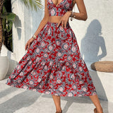 VCAY Conjunto de top y falda de estilo bohemio impresos para damas para vacaciones