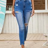 VCAY Jeans de vacaciones casuales de mujer, ajustados con elastico en azul y desgastados con agujeros