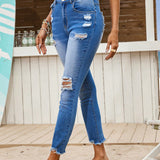 VCAY Jeans de vacaciones casuales de mujer, ajustados con elastico en azul y desgastados con agujeros
