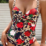 Swim Vcay Traje de bano de una pieza con estampado floral para mujeres con corte cruzado en el cuello y detalle de cadena de metal