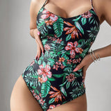 Swim Vcay Mujeres banador de una pieza con estampado floral y de plantas, patron impreso aleatorio, traje de bano para vacaciones de verano en la playa