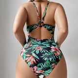 Swim Vcay Mujeres banador de una pieza con estampado floral y de plantas, patron impreso aleatorio, traje de bano para vacaciones de verano en la playa