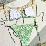 Swim Conjunto de bikini simple con tirantes finos para mujeres de verano en la playa, estampado aleatorio