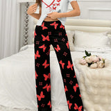 Conjunto de pijama para mujer con estampado de corazones y mariposas, camiConjuntoa de manga corta y pantalones largos