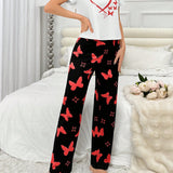Conjunto de pijama para mujer con estampado de corazones y mariposas, camiConjuntoa de manga corta y pantalones largos