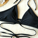 NEW Conjunto de bikini negro sexy con cordones y falda de malla para mujer, tanga, ideal para vacaciones en la playa y aguas termales sin alambre ni almohadilla en el sujetador