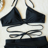 Conjunto de bikini negro sexy con cordones y falda de malla para mujer, tanga, ideal para vacaciones en la playa y aguas termales sin alambre ni almohadilla en el sujetador