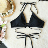 Conjunto de bikini negro sexy con cordones y falda de malla para mujer, tanga, ideal para vacaciones en la playa y aguas termales sin alambre ni almohadilla en el sujetador