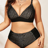 Swim Curve Conjunto de bikini de talla grande para playa de verano con patron de cebra y cuello en V empalmado