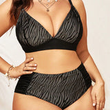 Swim Curve Conjunto de bikini de talla grande para playa de verano con patron de cebra y cuello en V empalmado