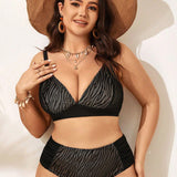 Swim Curve Conjunto de bikini de talla grande para playa de verano con patron de cebra y cuello en V empalmado