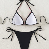 Swim Vcay Conjunto de bikini de vacaciones para mujer con decoracion de flores en 3D y correa para el cuello, sencillo y moderno, traje de bano separado