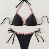 Swim Vcay Conjunto de bikini de vacaciones para mujer con decoracion de flores en 3D y correa para el cuello, sencillo y moderno, traje de bano separado