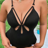 a Grande Bodysuit Sin Espalda De Cuello De Halter Hueco De Color Solido Con Lazos En La Cintura