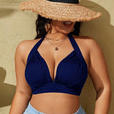 Swim Curve Top de bikini de verano para mujer de talla grande con cuello halter y unicolor para la playa