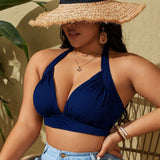 Swim Curve Top de bikini de verano para mujer de talla grande con cuello halter y unicolor para la playa