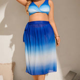 Swim Vcay Conjunto de traje de bano degradado de verano de talla grande con sujetador, bikini inferior y falda (3 piezas) para playa