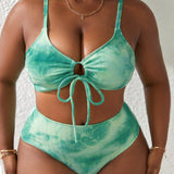 Swim Vcay Conjunto de bikini tie dye de talla grande para verano en la playa con un sujetador de detalle de nudo frontal fruncido y la Bottom del bikini