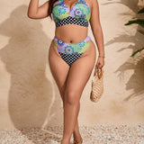 Swim Vcay Traje de bano para playa de verano en talla grande con estampado completo, sosten de cuello halter y bikini con espalda descubierta